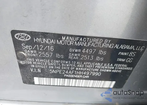 2017 Hyundai Sonata z USA, uszkodzony, nr VIN 5NPE24AF1HH497990